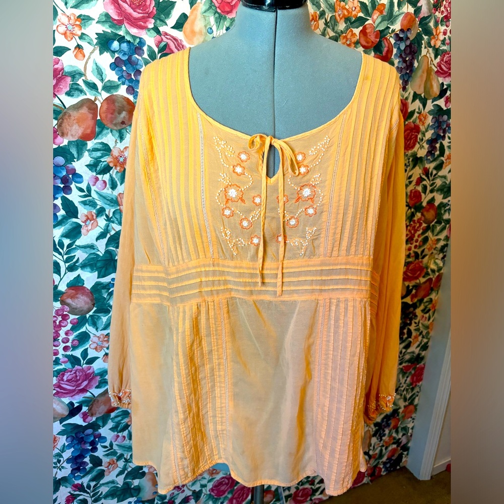 Peach, cottage core, Beaded Blouse, 2X